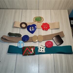 Vtg Lot Of 4 70s-80s Stretch Belts 11 Unique Interchangeable Buckles Bakelite